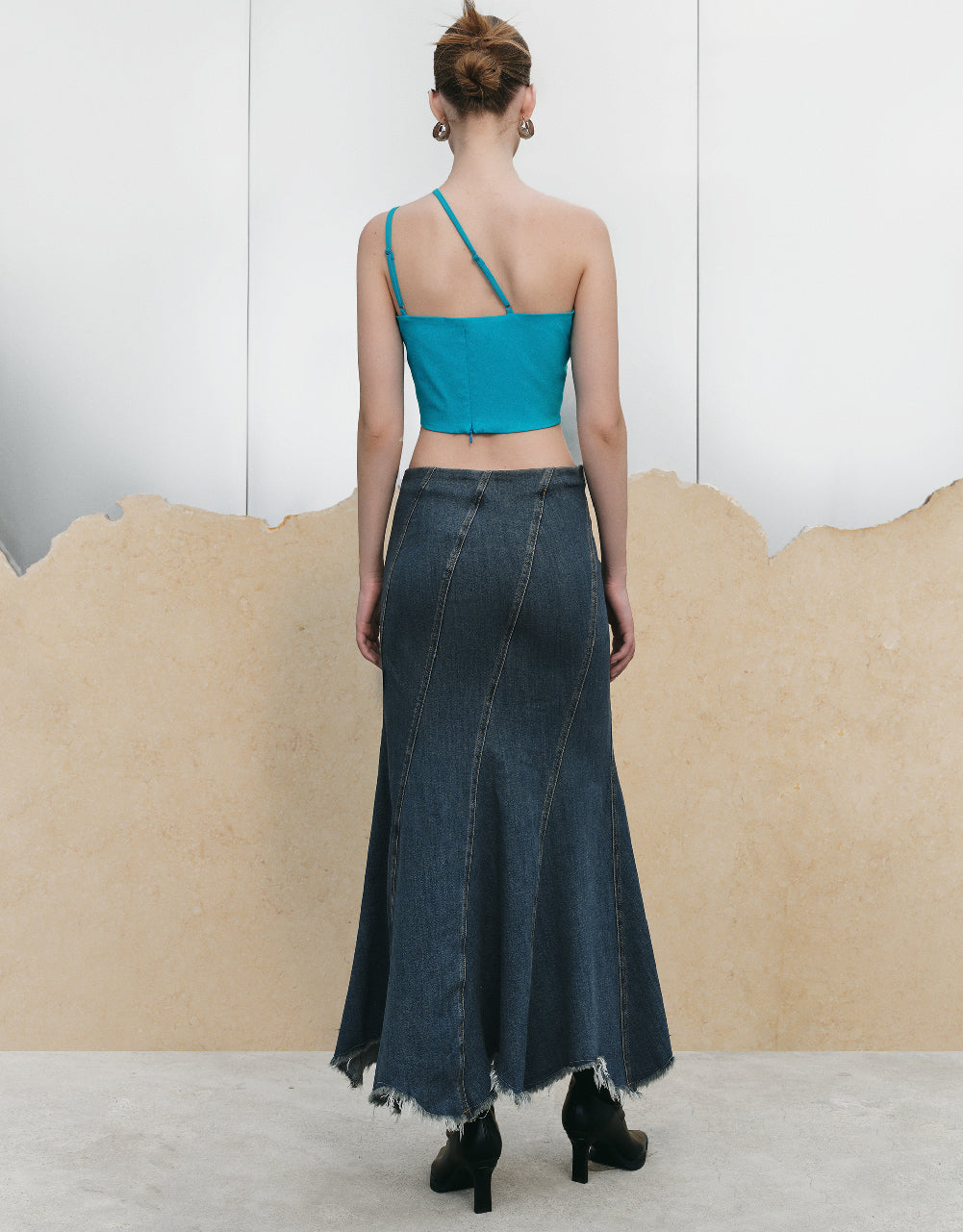 Raw Hem Fishtail Denim Skirt