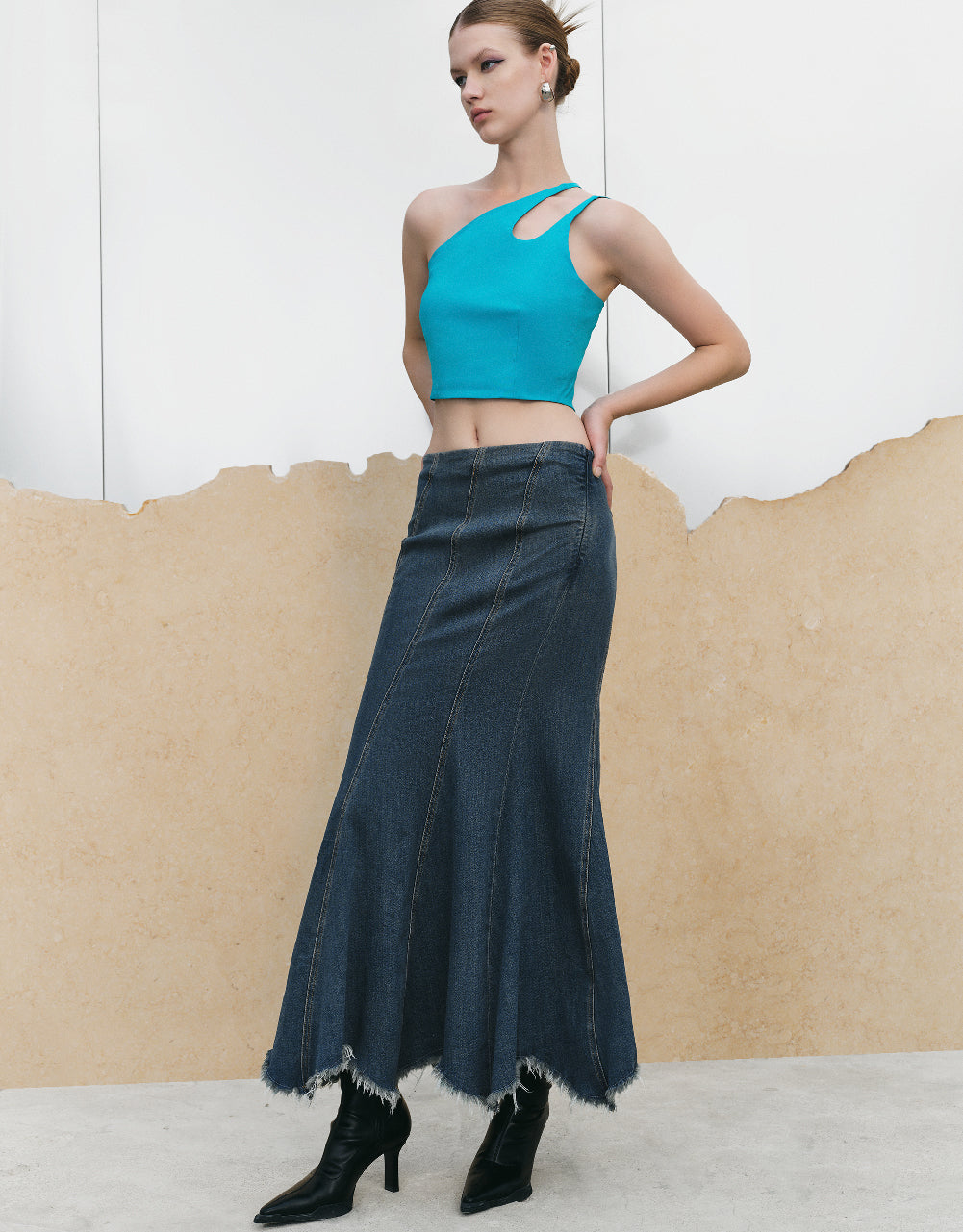 Raw Hem Fishtail Denim Skirt
