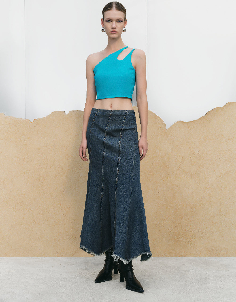 Raw Hem Fishtail Denim Skirt