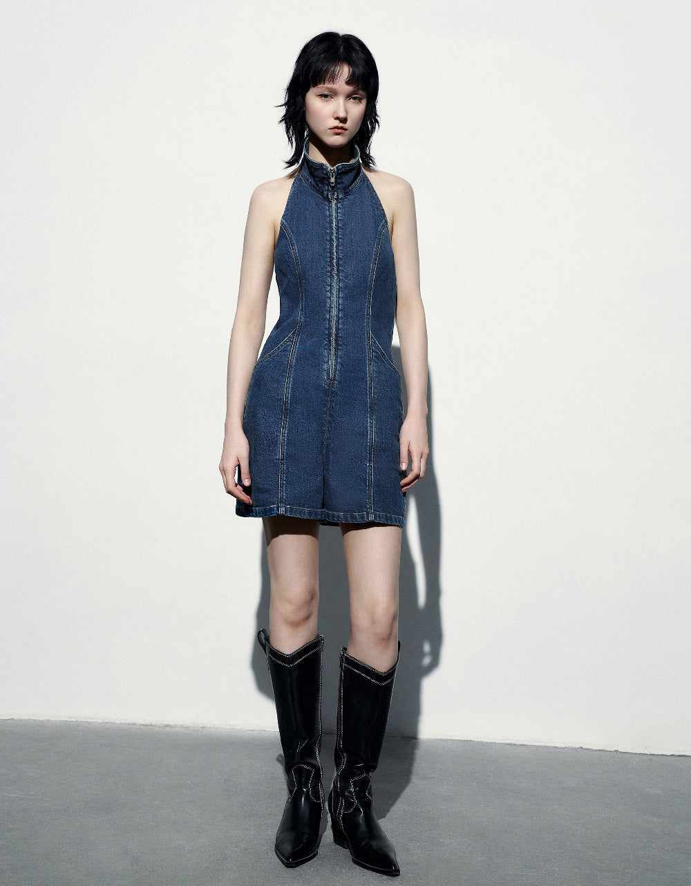 Halter Neck Capri Denim Jumpsuit