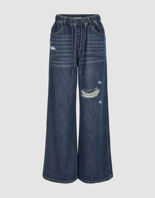 Drawstring Waist Ripped Wide-Leg Jeans