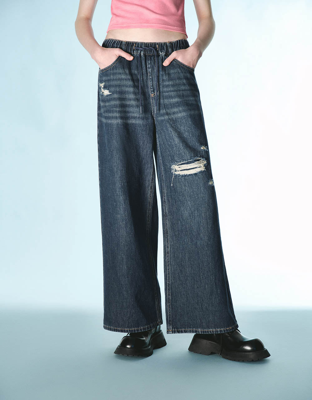 Drawstring Waist Ripped Wide-Leg Jeans