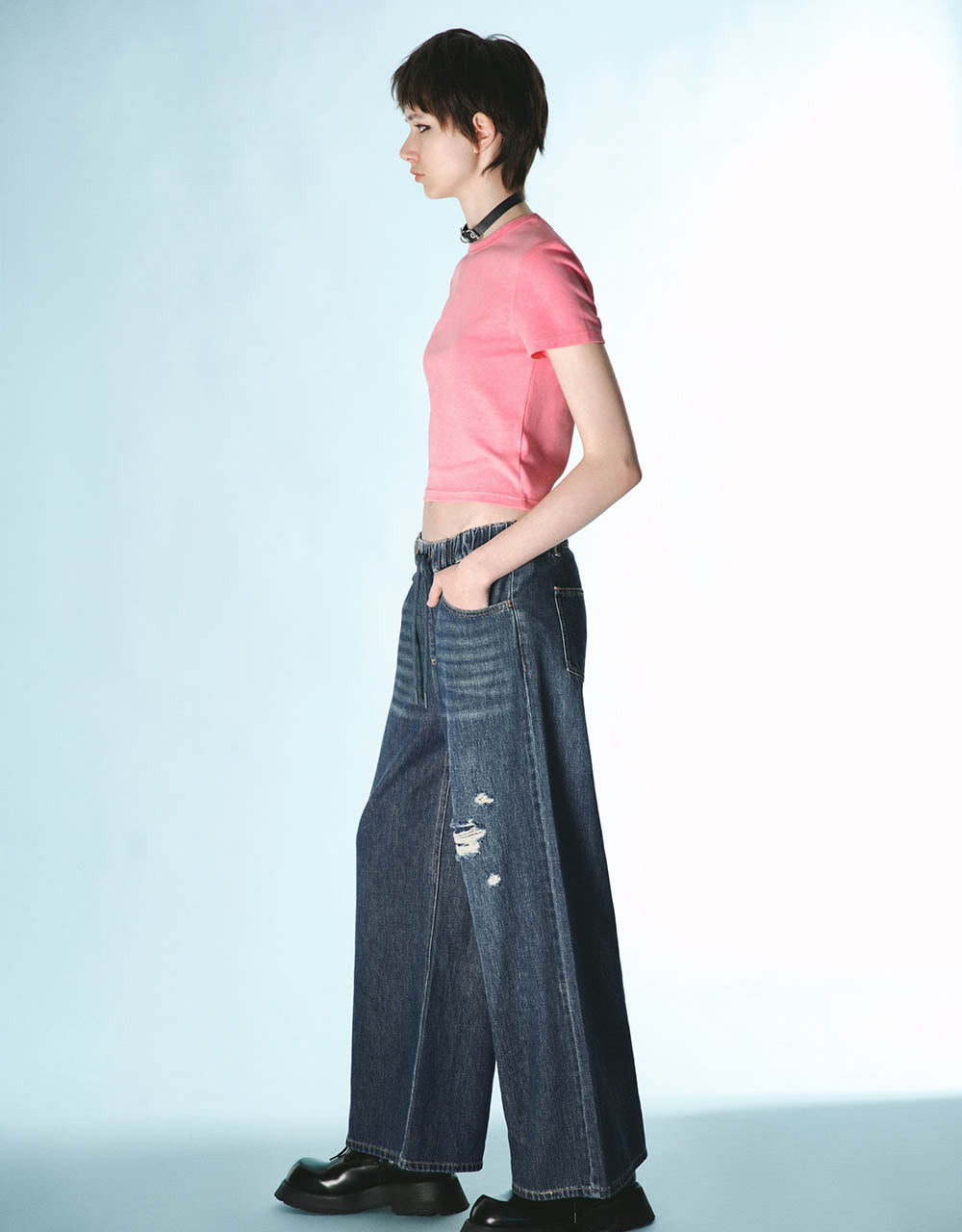 Drawstring Waist Ripped Wide-Leg Jeans