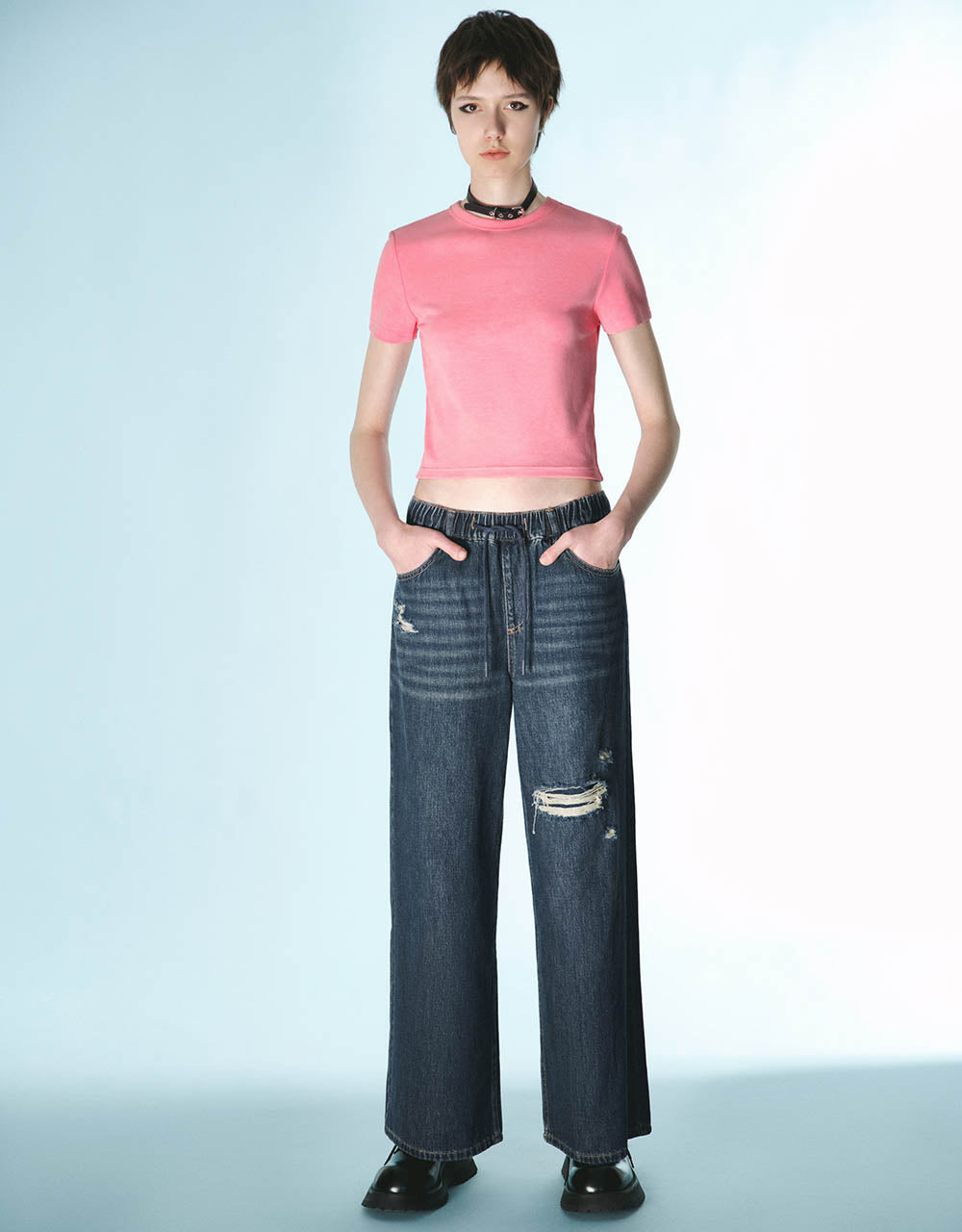 Drawstring Waist Ripped Wide-Leg Jeans