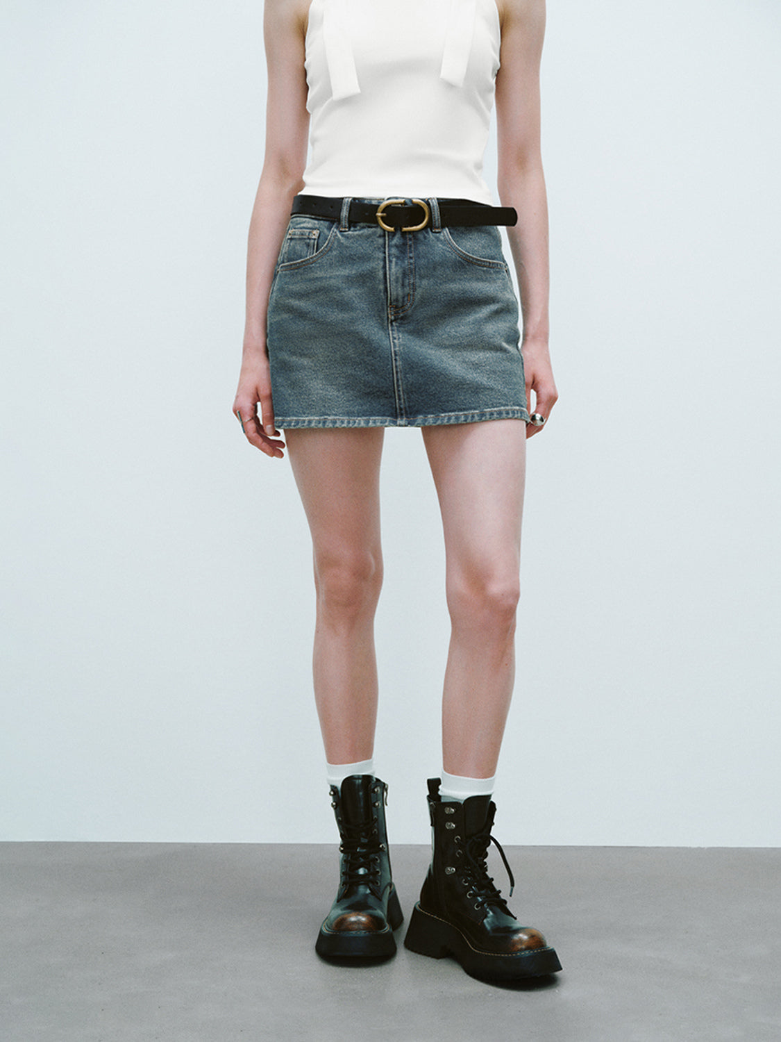 Mini Straight Denim Skirt With Belt