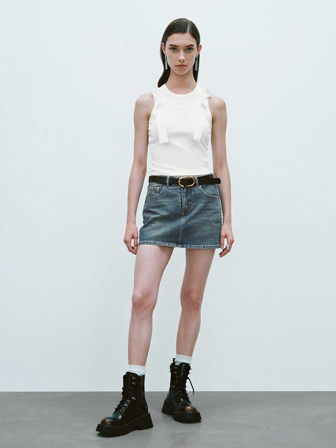 Mini Straight Denim Skirt With Belt