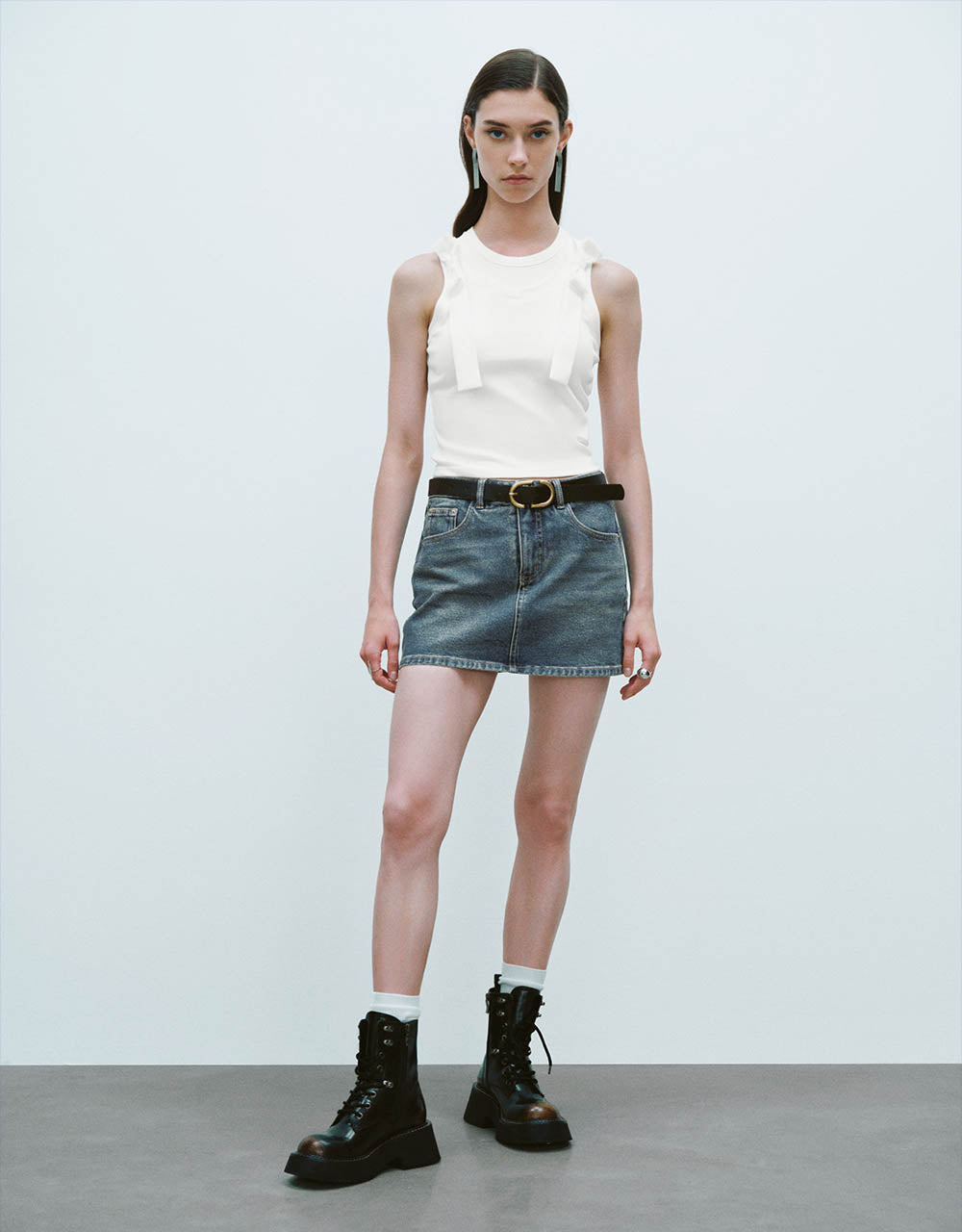 Mini Straight Denim Skirt With Belt