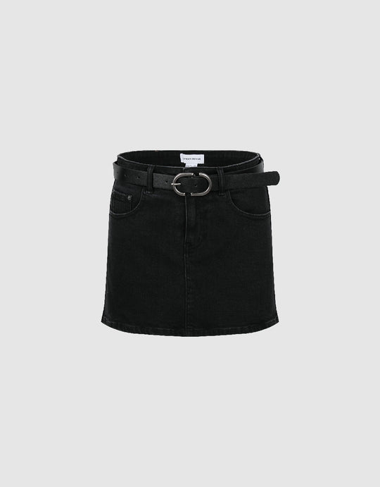 Mini Straight Denim Skirt With Belt