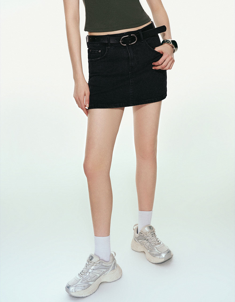Mini Straight Denim Skirt With Belt