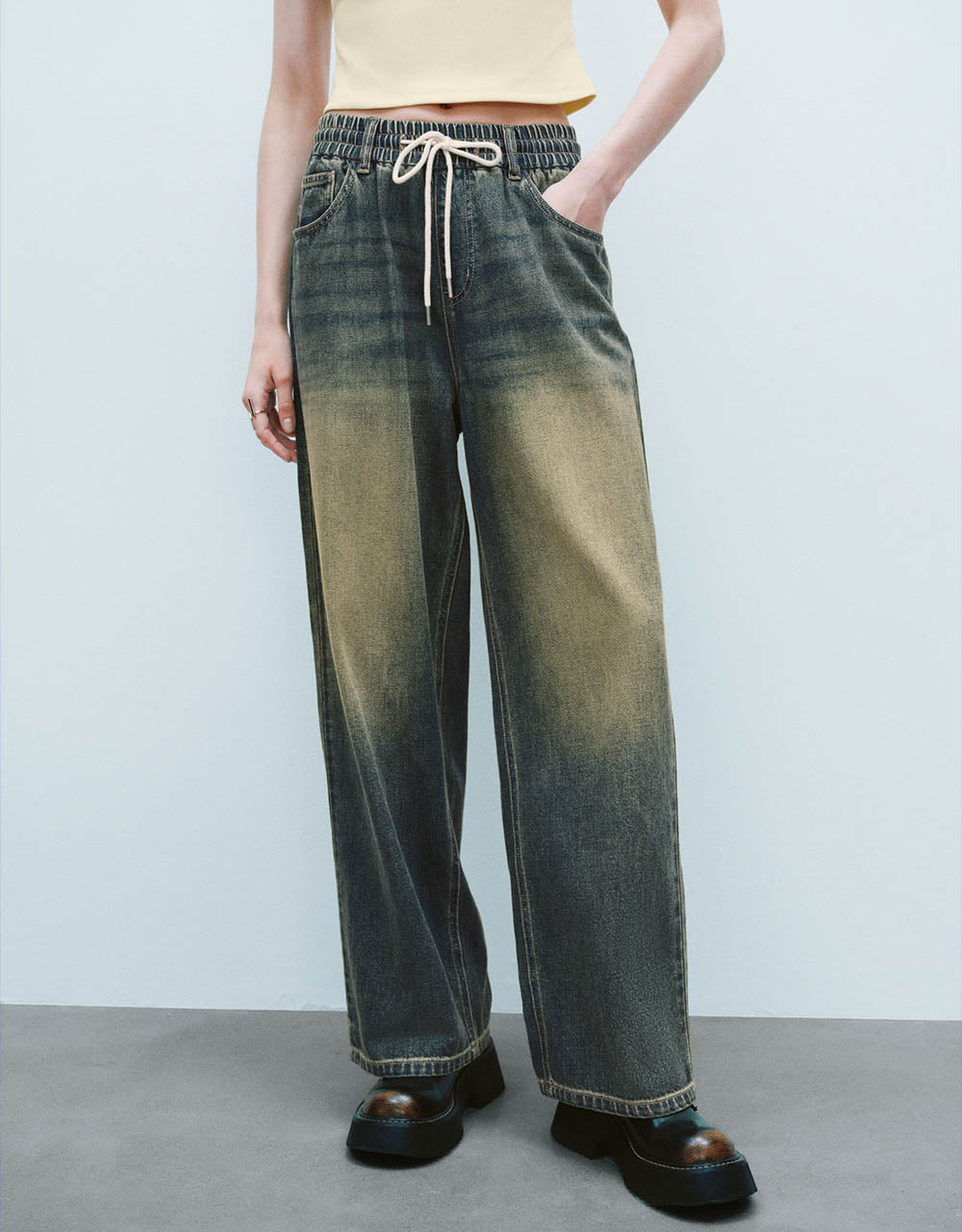 Drawstring Waist Wide-Leg Jeans