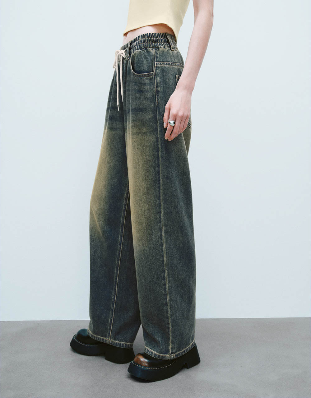 Drawstring Waist Wide-Leg Jeans