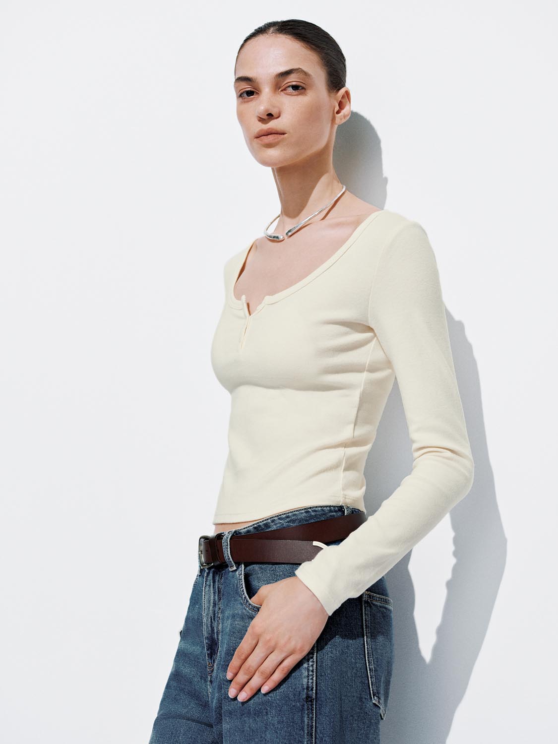 Button-Top Scoop Neck T-Shirt