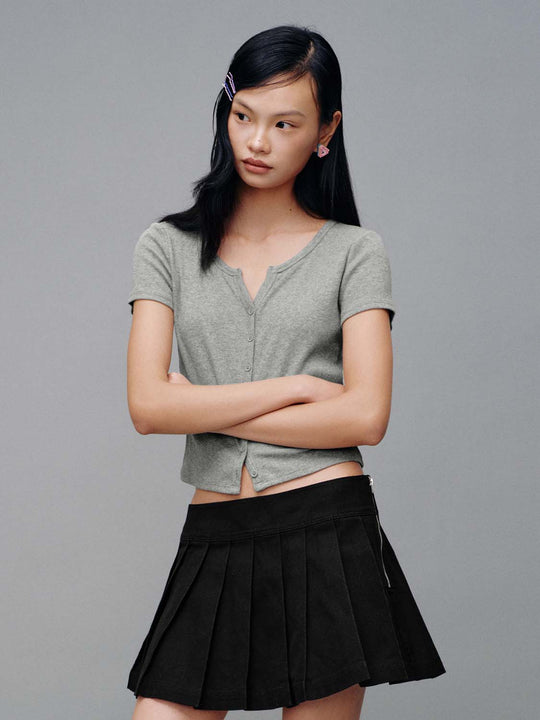 Scoop Neck Button Front Long Sleeve Knit Cotton Top
