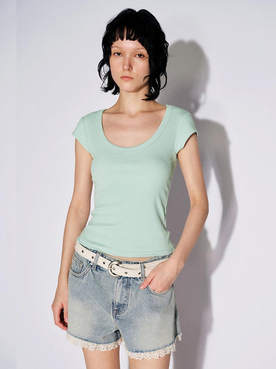 Mint Green Viscose Cotton Blend Scoop Neck Tee