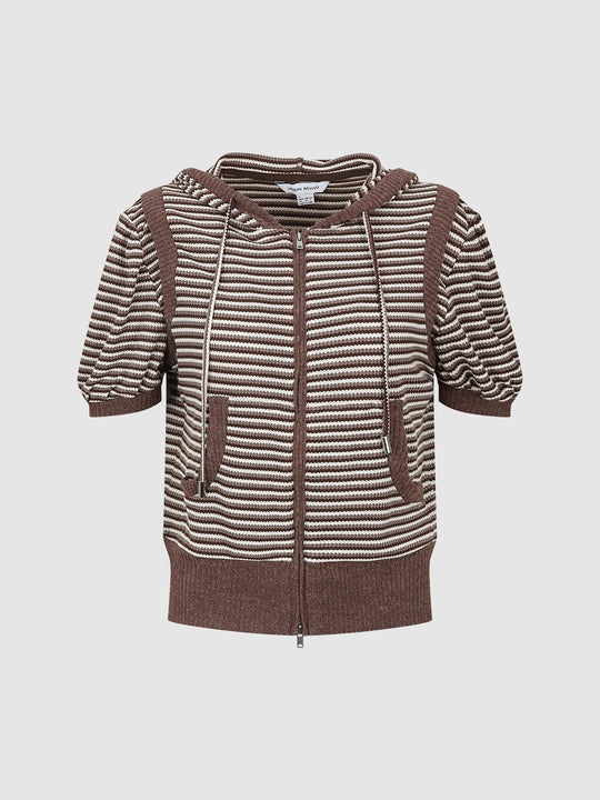 Hooded Zip Front Striped Short Sleeve Knit Jacket