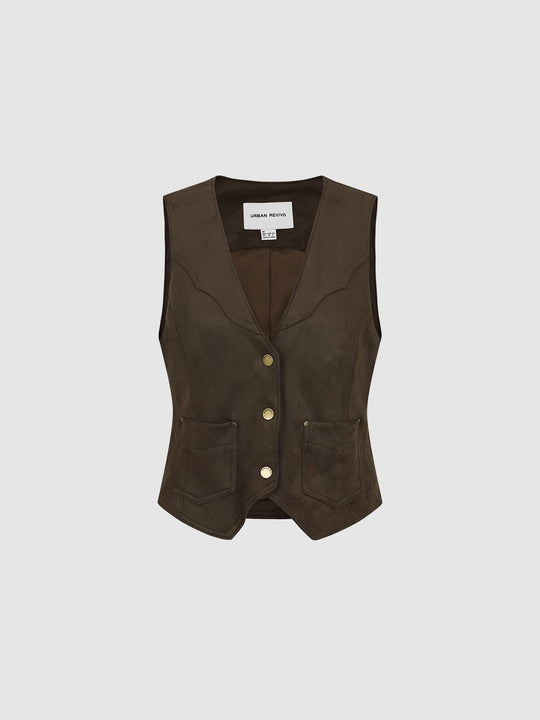 Tailored Button Front V-neck Pocketed Sleeveless Vest