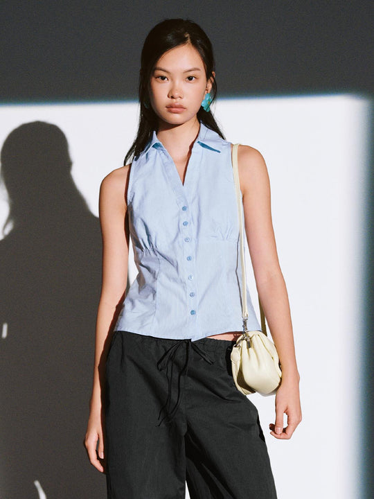 Spliced Button Detail Sleeveless Shirts