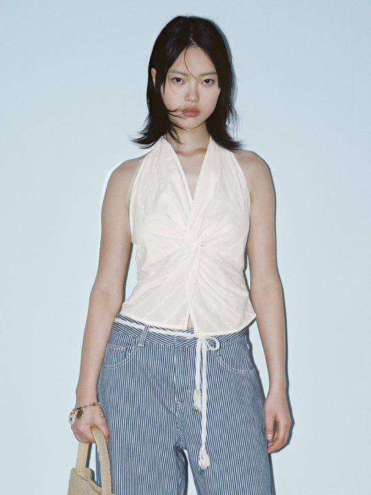 White Cotton Embroidered Knot-Front Cami Tops
