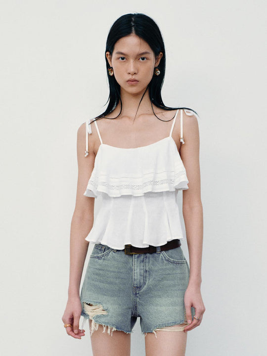 Linen Blend Guipure Lace Strappy Tiered Cami Tops