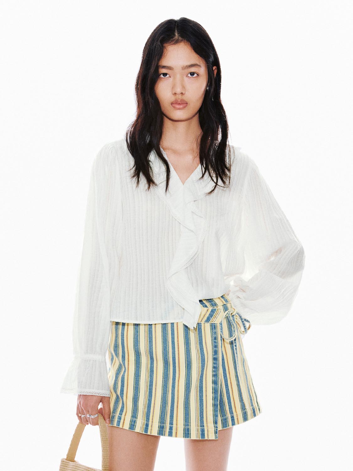 V-Neck Ruffle Collar Contrast Striped Shirts – URBAN REVIVO Singapore
