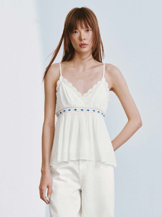 Crochet Trim Embroidered Strappy Cami Tops
