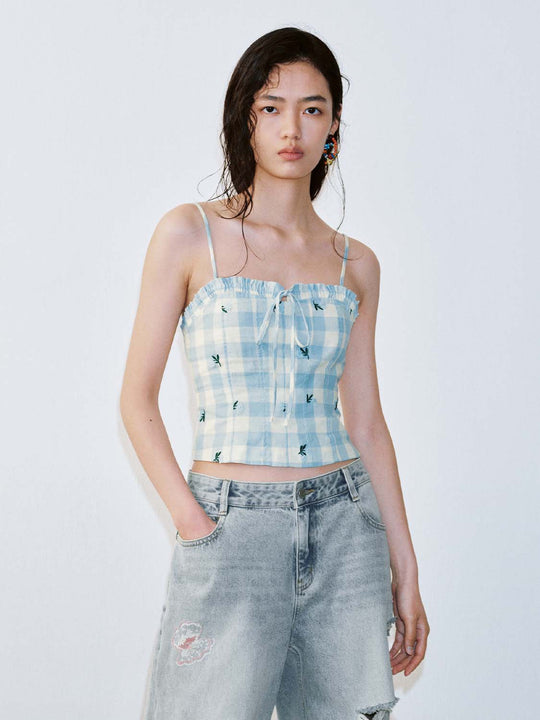 Contrast Check Bow Detail Strappy Cami Tops