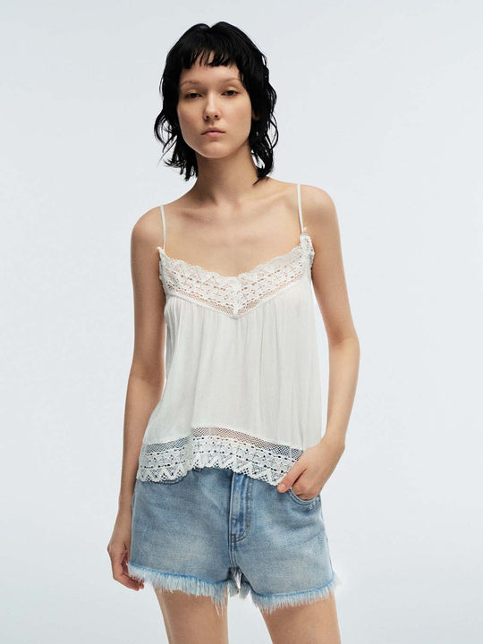 Delicate Chiffon Lace Trim Strappy Cami Tops
