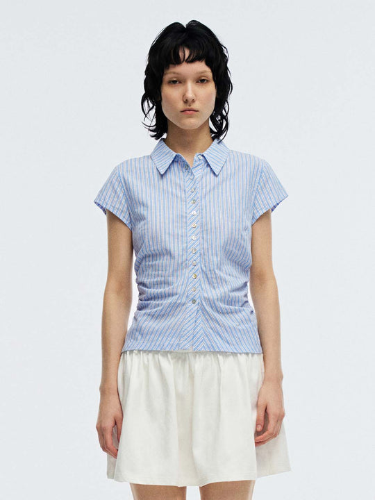 Cap Sleeve Nipped-Waist Striped Shirts