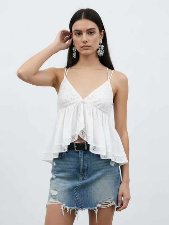 Embroidered Cotton Eyelet Tie Front Cami Top