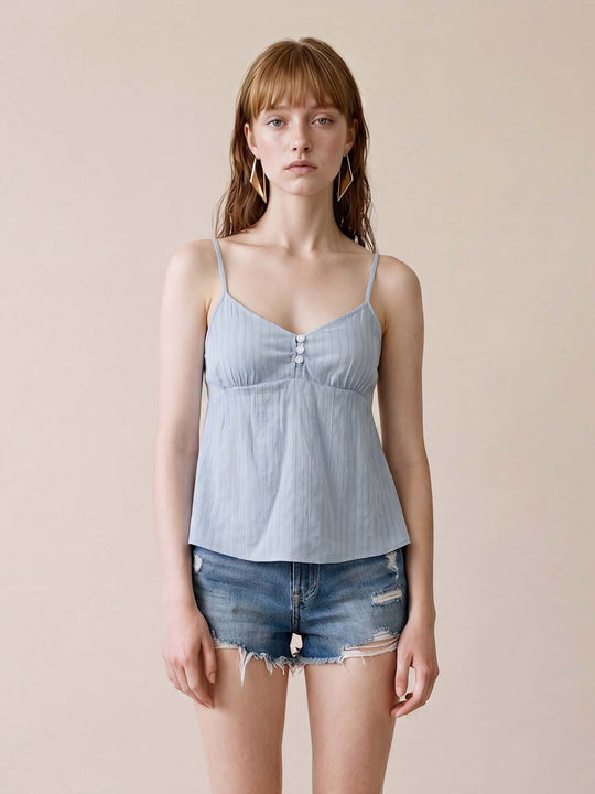 V Neck Vertical Stripe Button Decor Flared Hem Camisole