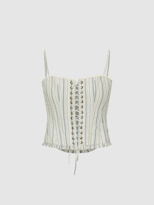 Striped Lace-up Sleeveless Cotton Ruffle Cami Top