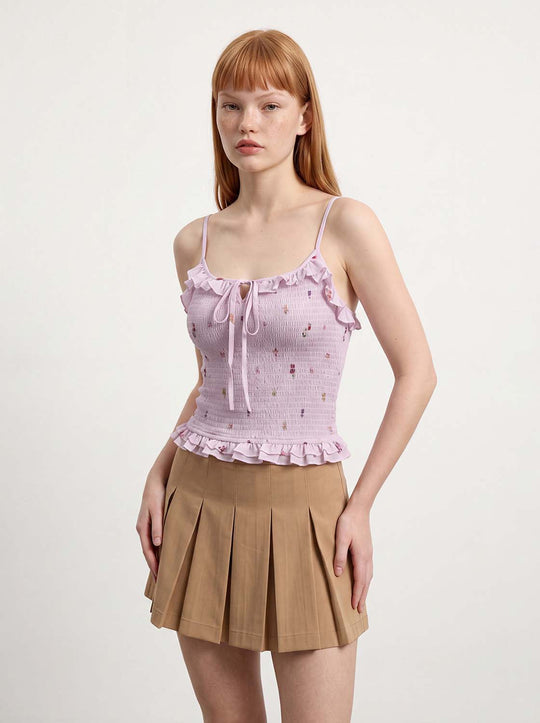 Square Neck Floral Print Ruffle Trim Smocked Cami Top