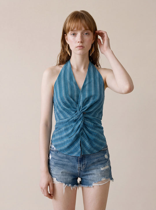 Twisted Plaid Halter Neck Cotton Camisole