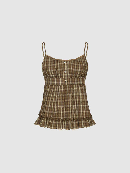 Plaid Smocked Button Front Lined Cami Top