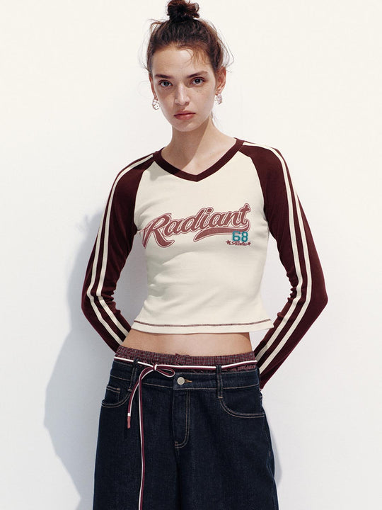 Contrast-Color Letter Long-Sleeve T-Shirts