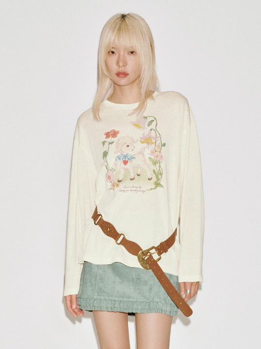 Crew Neck Floral Bear Print Long Sleeve T-Shirt