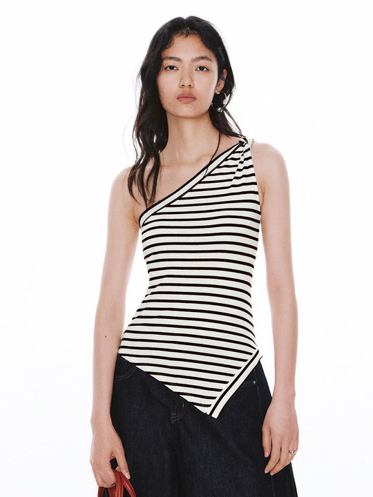 One-Shoulder Asymmetric Striped Tank Tops