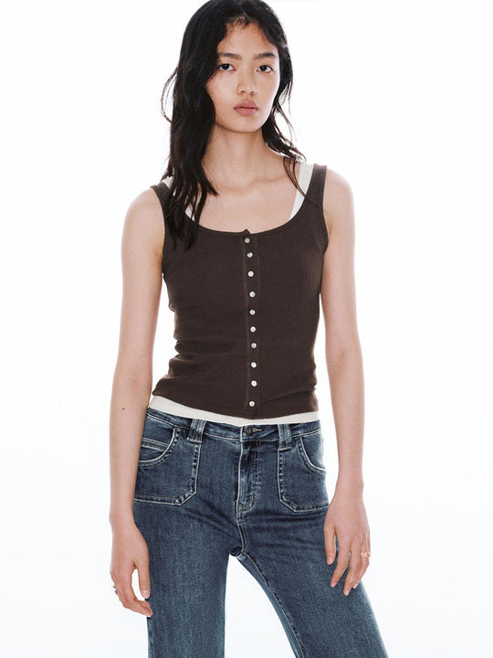 2 In 1 Button Detail Sleeveless T-Shirts