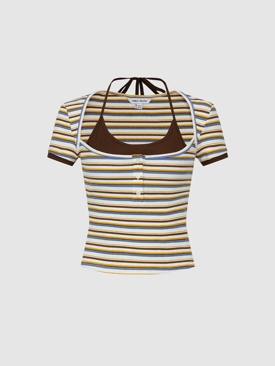 2 In 1 Contrast Striped Skinny-Fit T-Shirts