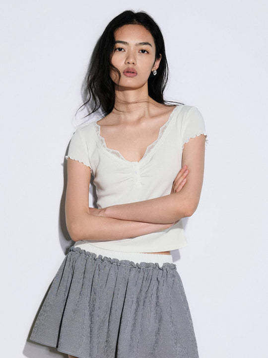 Cotton Polyester Knit With Lace Trim Neckline Top