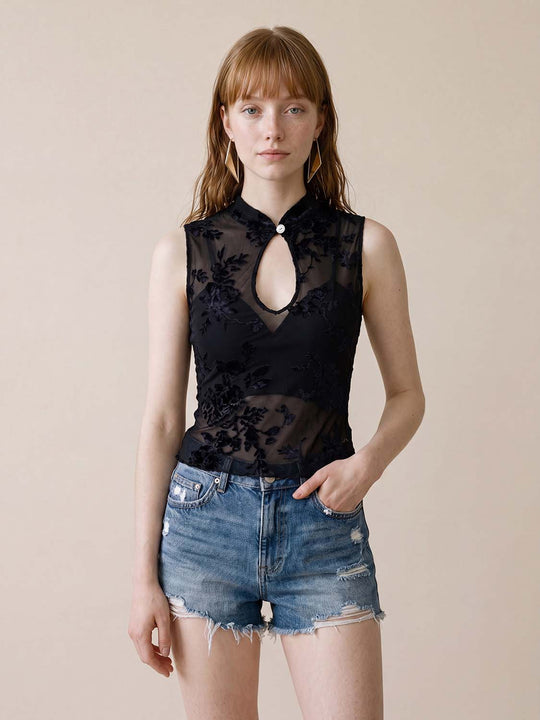 Embroidered Sheer Floral Mesh Sleeveless Blouse