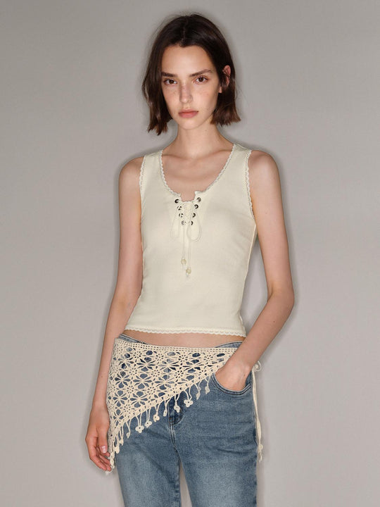 Lace Up Front Scalloped Crochet Trim Tank Top