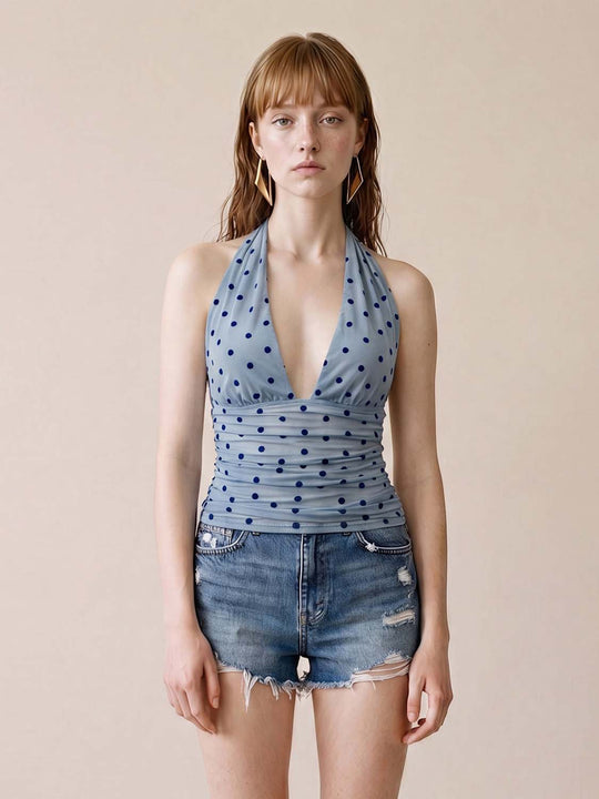 Stretch Polka Dot Ruched Thin Halter Tank Top