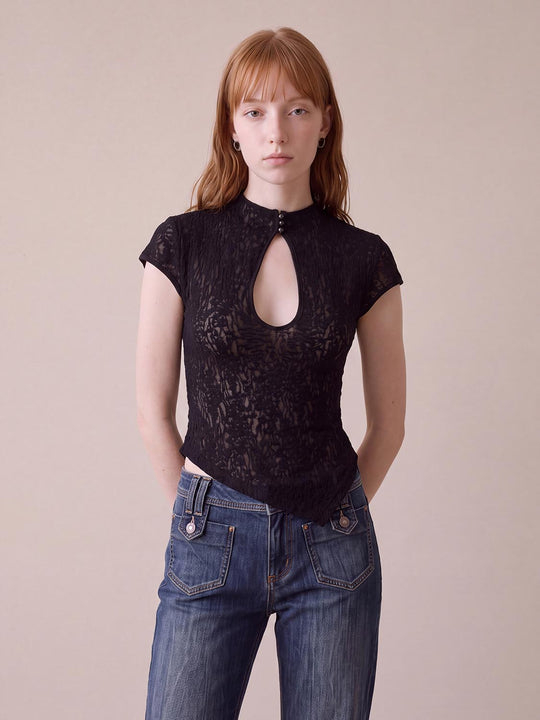Keyhole Button Lace Fitted Mock Neck Short Sleeve T-Shirt