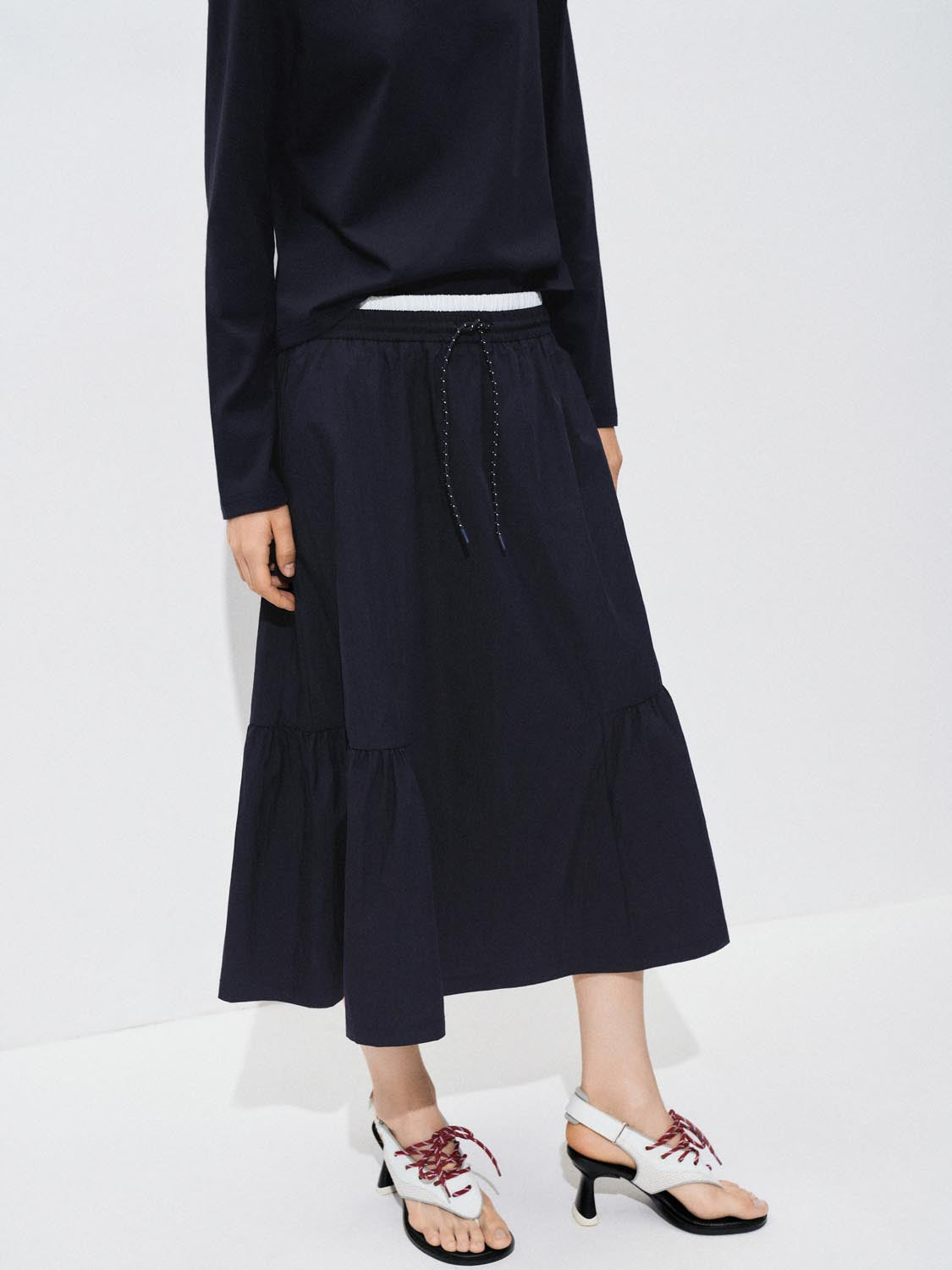 Pleated Drawstring A-Line Midi Skirts