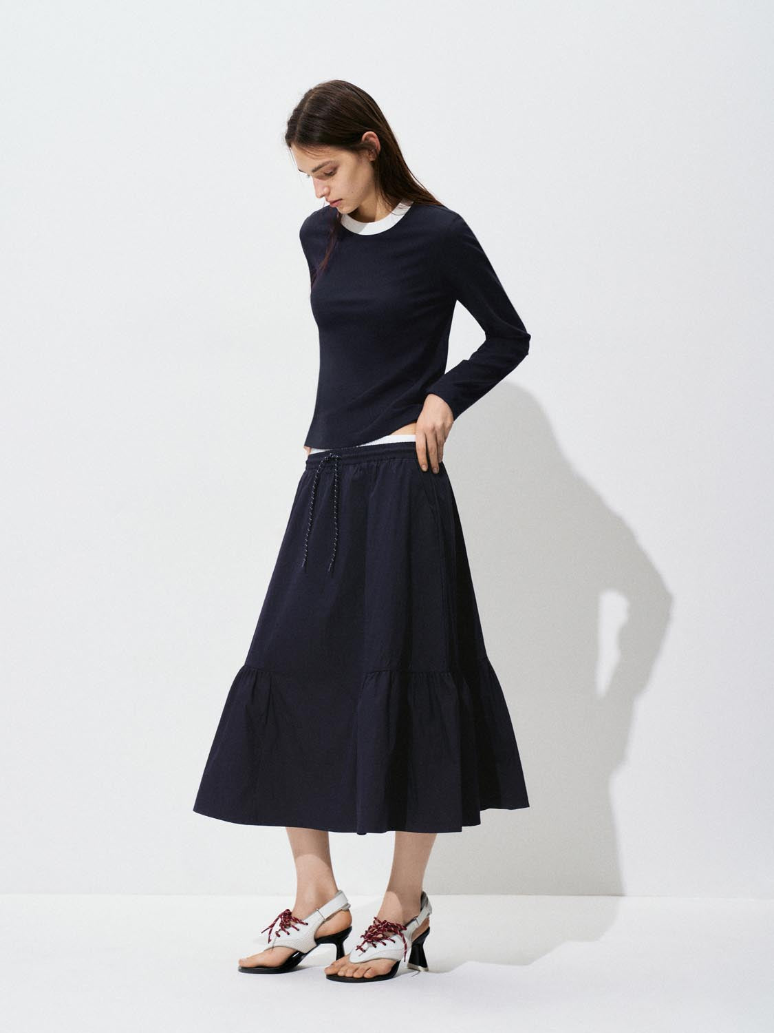 Pleated Drawstring A-Line Midi Skirts