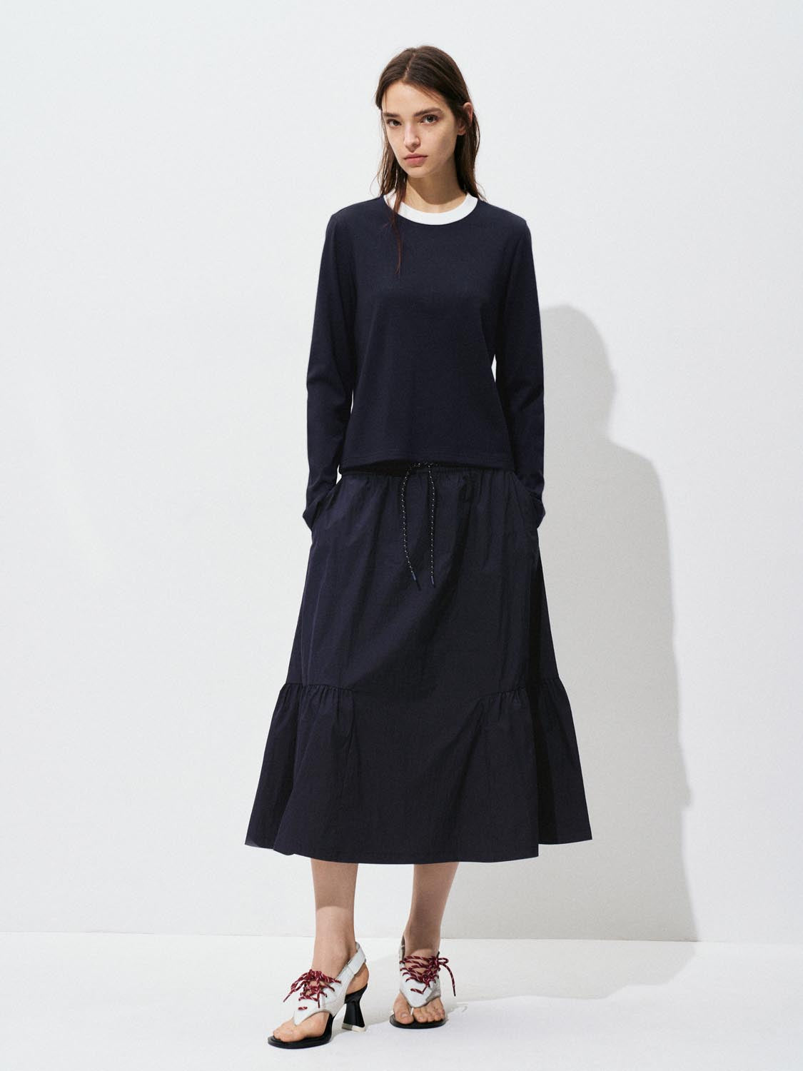 Pleated Drawstring A-Line Midi Skirts