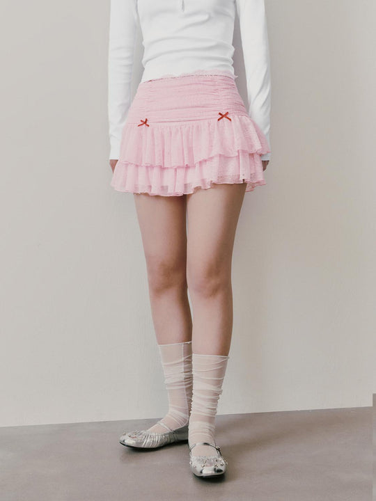 Bow Detail Laced Tiered Mini Skirts