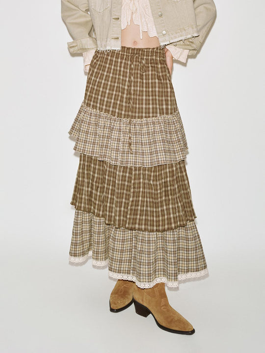 Ruffle Trim Contrast Check Tiered A-Line Midi Skirts