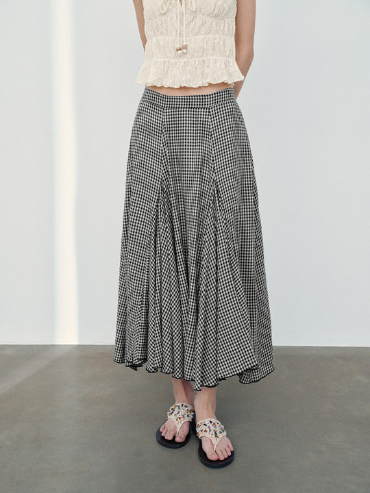 Linen Blend Asymmetric Check Pleated A-Line Midi Skirts